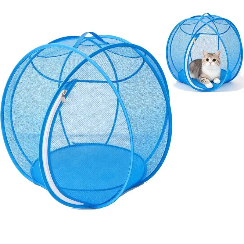 Blue pop-up mesh cat tent