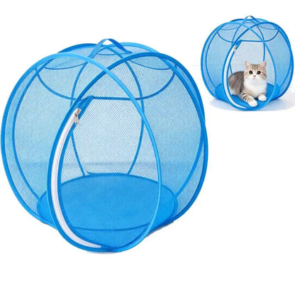Blue pop-up mesh cat tent