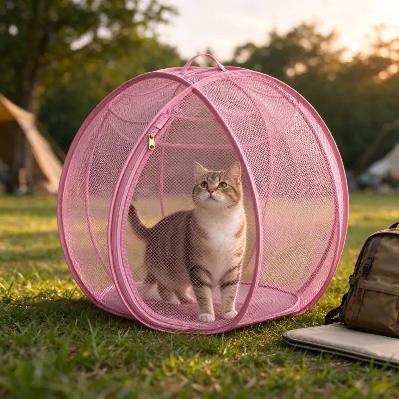 Pink cat tent outdoors